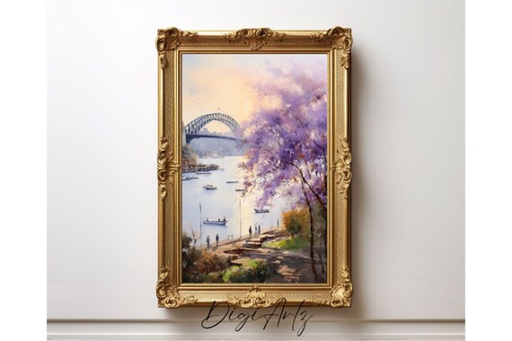 Sydney Harbour Bridge Jacaranda Blossom Waterfront Painting Poster