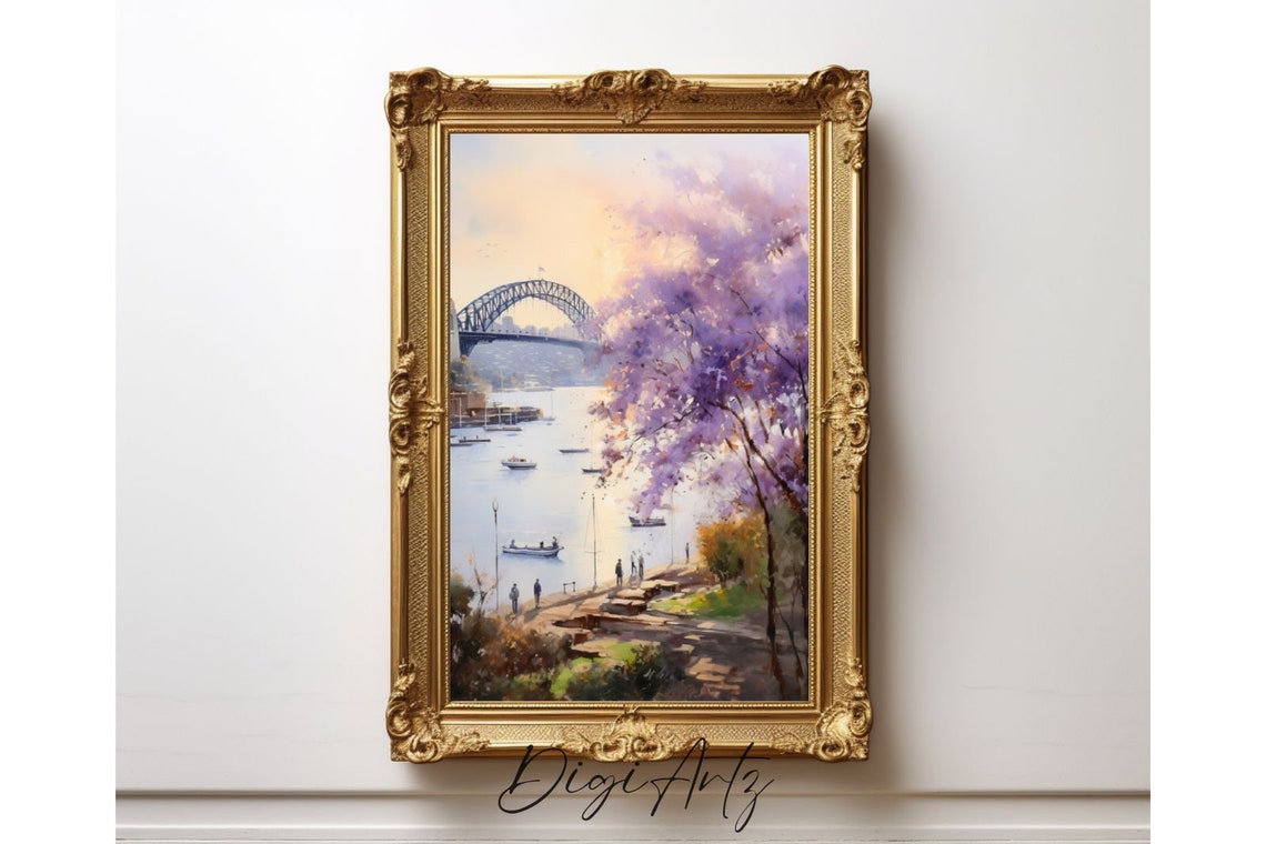 Sydney Harbour Bridge Jacaranda Blossom Waterfront Painting Poster