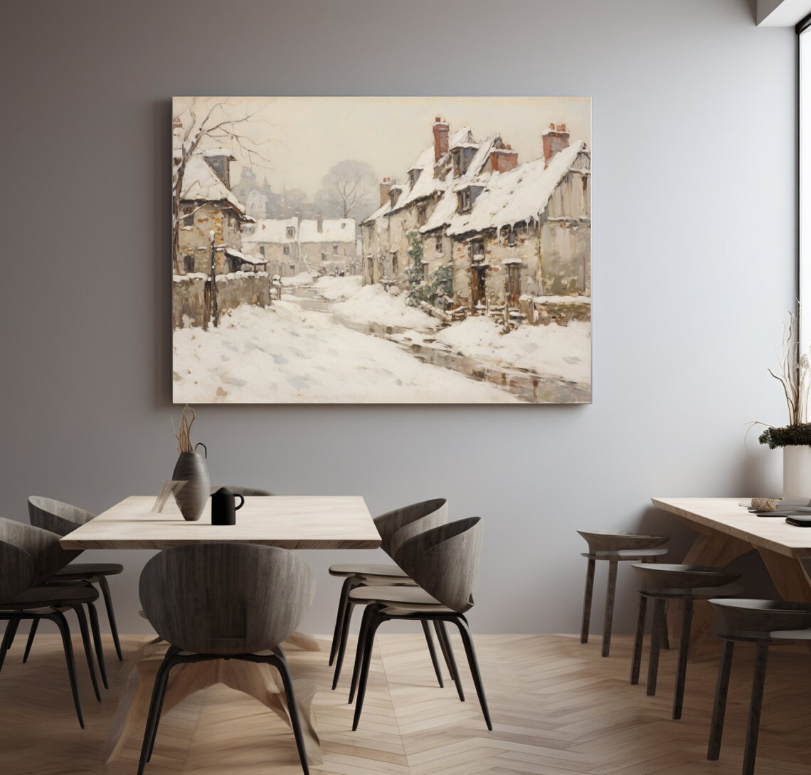 Snowy European Village Stone Cottages Impressionist Winter Poster - Image 4