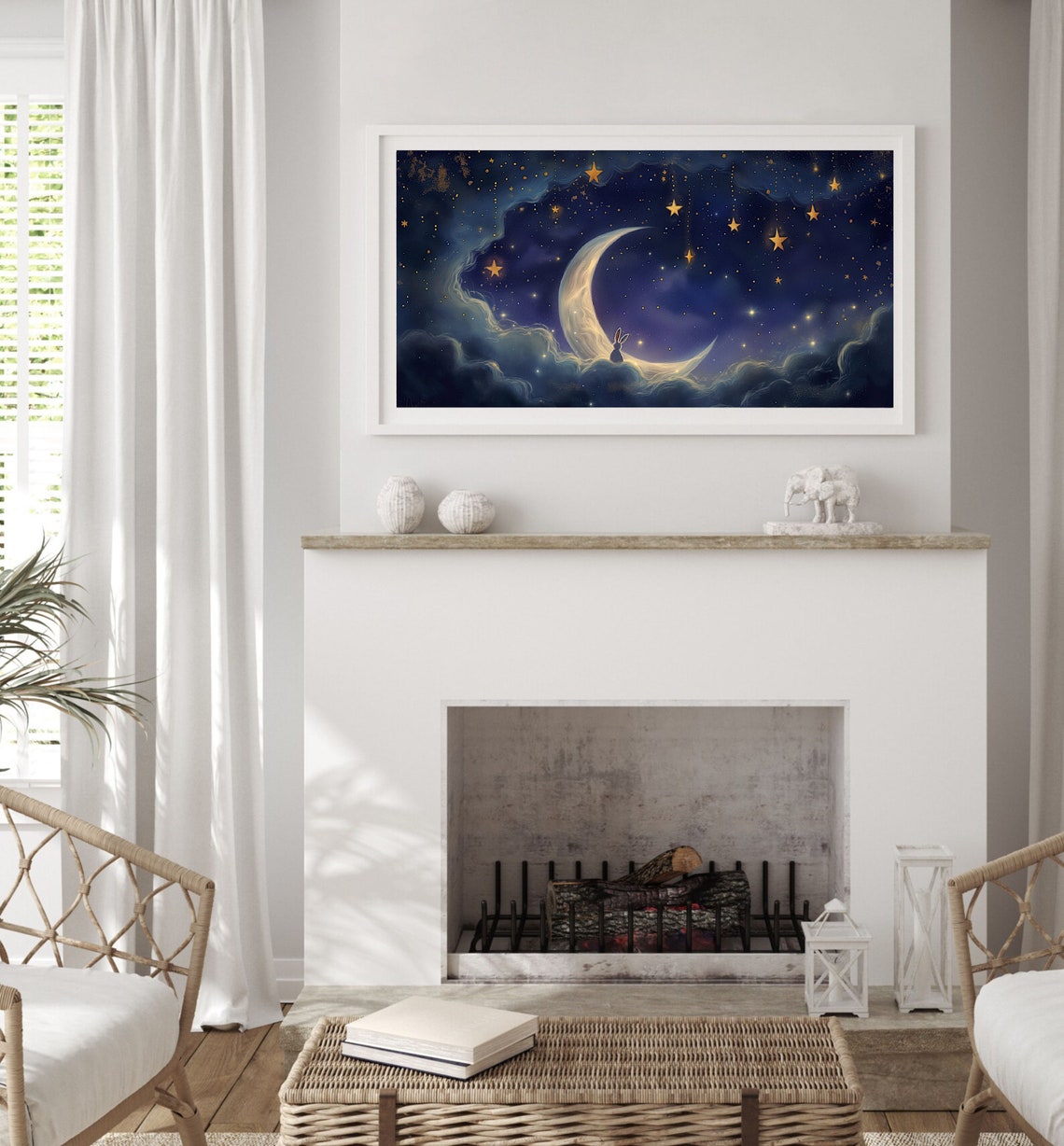 Crescent Moon Bunny Hanging Stars Starry Cloud Night Painting Poster - Image 3