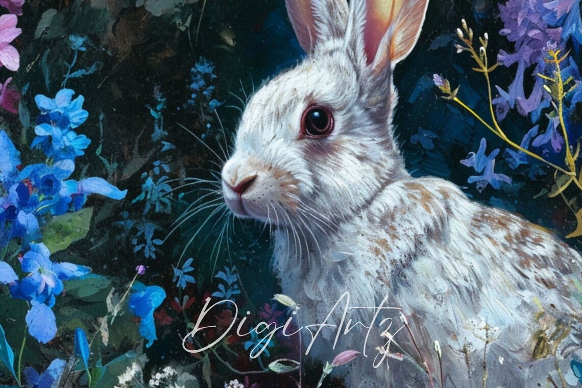 White Rabbit Among Blue Wildflowers Moody Floral Painting Poster - Image 6