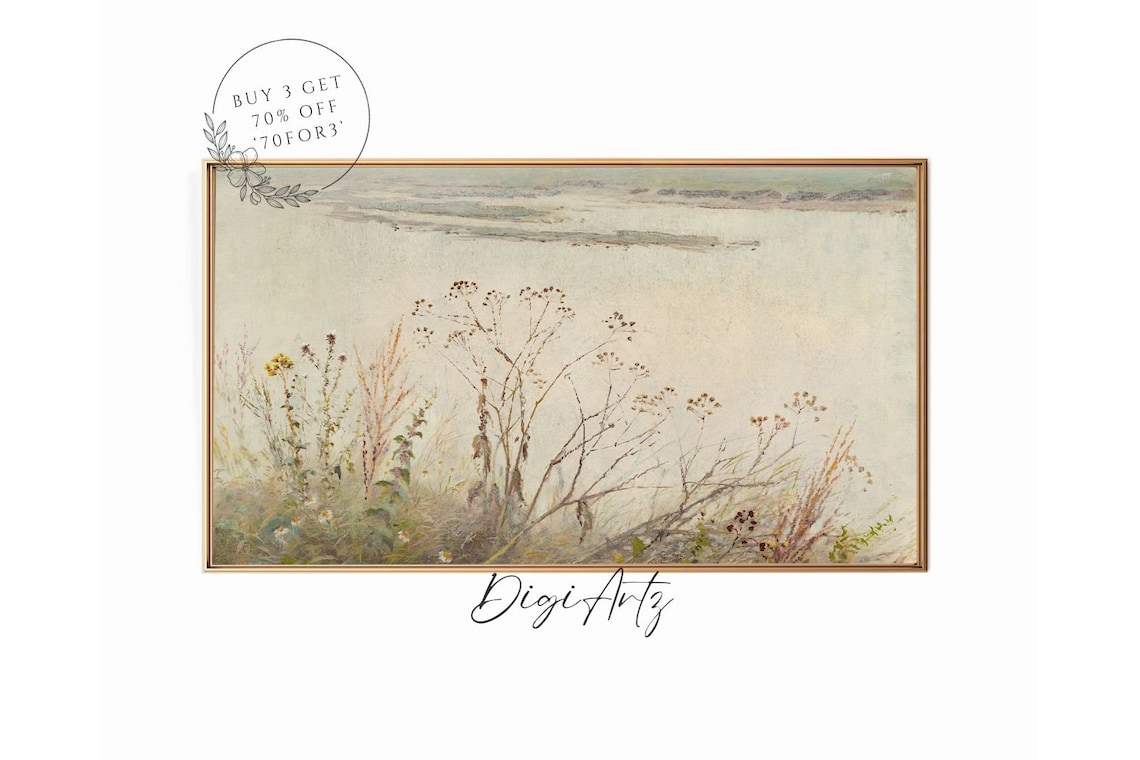 Wildflowers on Misty Lakeshore Neutral Vintage Landscape Poster