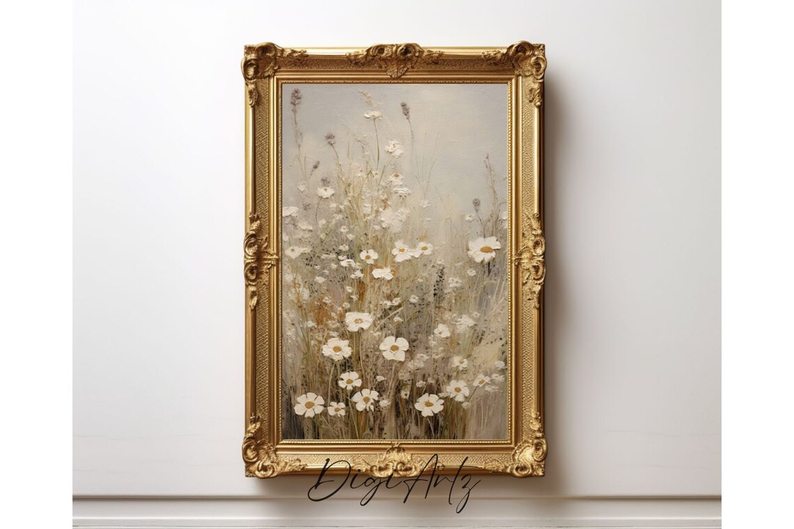 Neutral White Daisy Meadow Beige Wildflower Farmhouse Style Poster