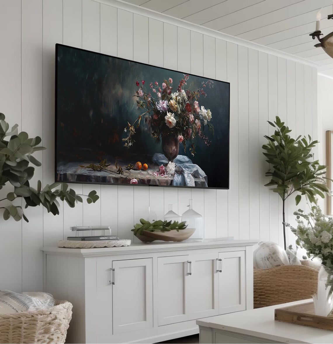 Moody Dark Floral Still Life Vase Oil Painting Vintage Poster - Image 4
