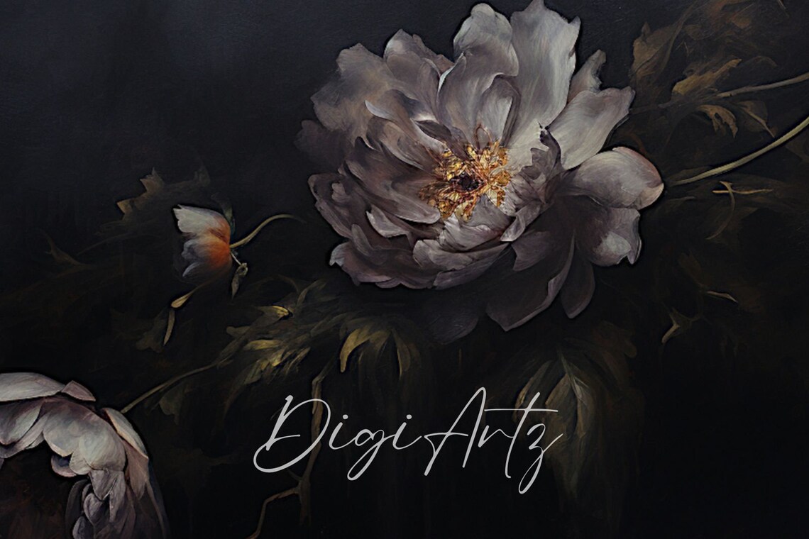 Moody Dark Floral Still Life White Peony Oil Painting Poster - Image 6