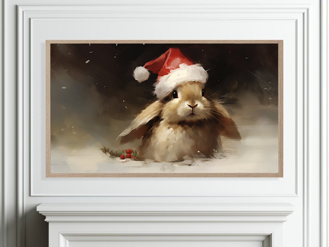 Sweet Baby Bunny Wearing A Red Santa Hat In Falling Snow Poster - Image 5