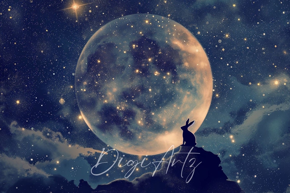 Full Moon Bunny Silhouette Cloud Starry Night Whimsical Poster - Image 6