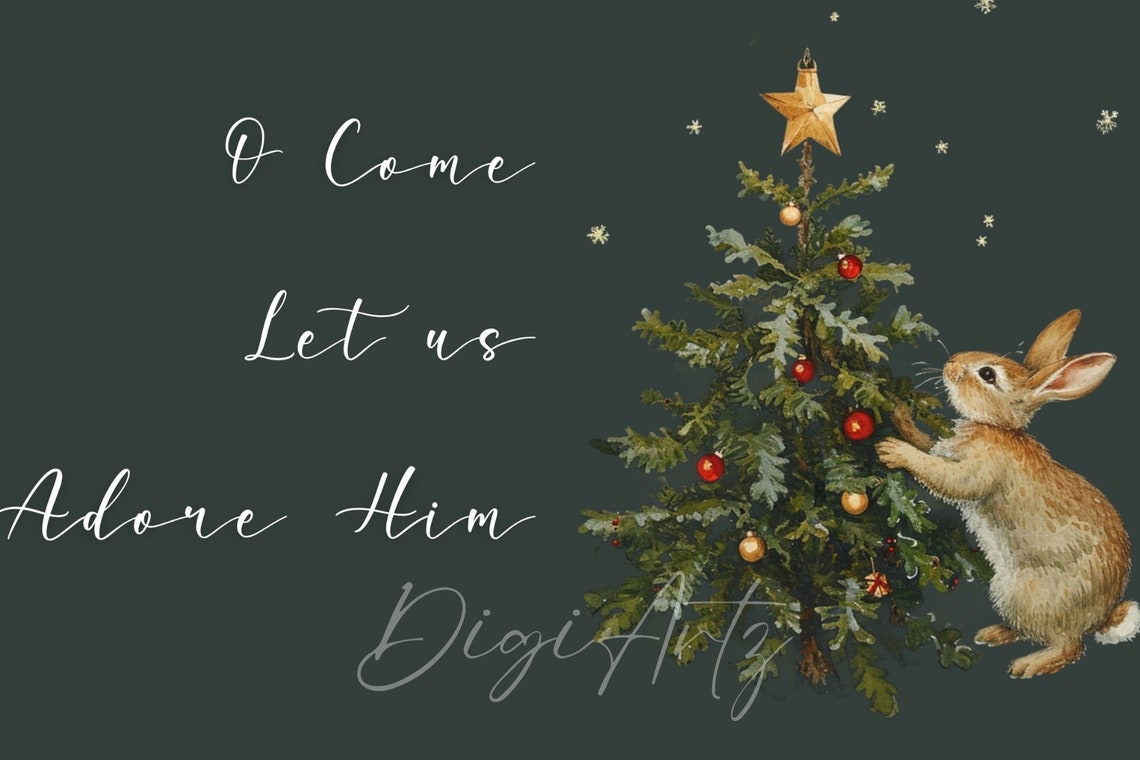 O Come Let Us Adore Him Bunny Christmas Tree Christian Poster - Image 6