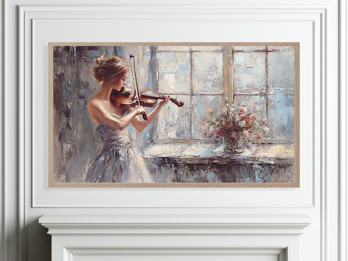 Woman Playing Violin By Window Romantic Music Painting Poster - Image 4