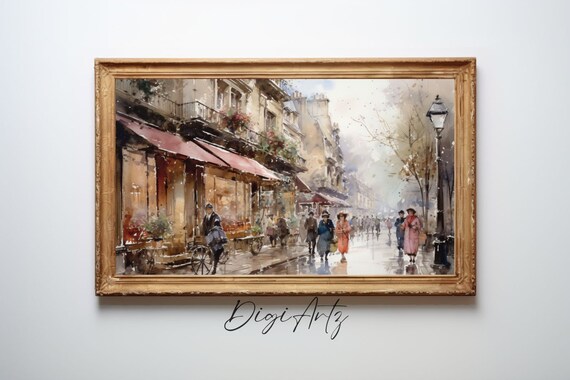 Rainy Parisian Cafe Street Watercolor Cityscape Umbrella Art Poster