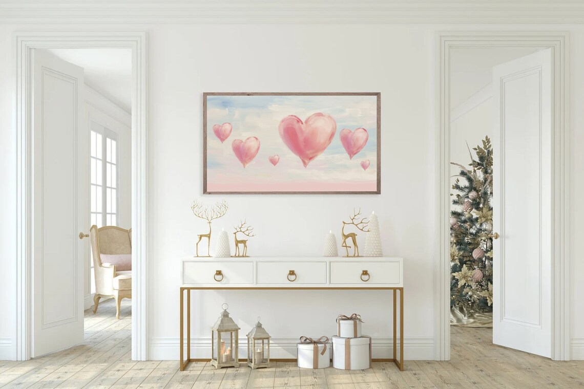 Be My Valentine Script Pink Hearts Pastel Sky Painting Poster - Image 4