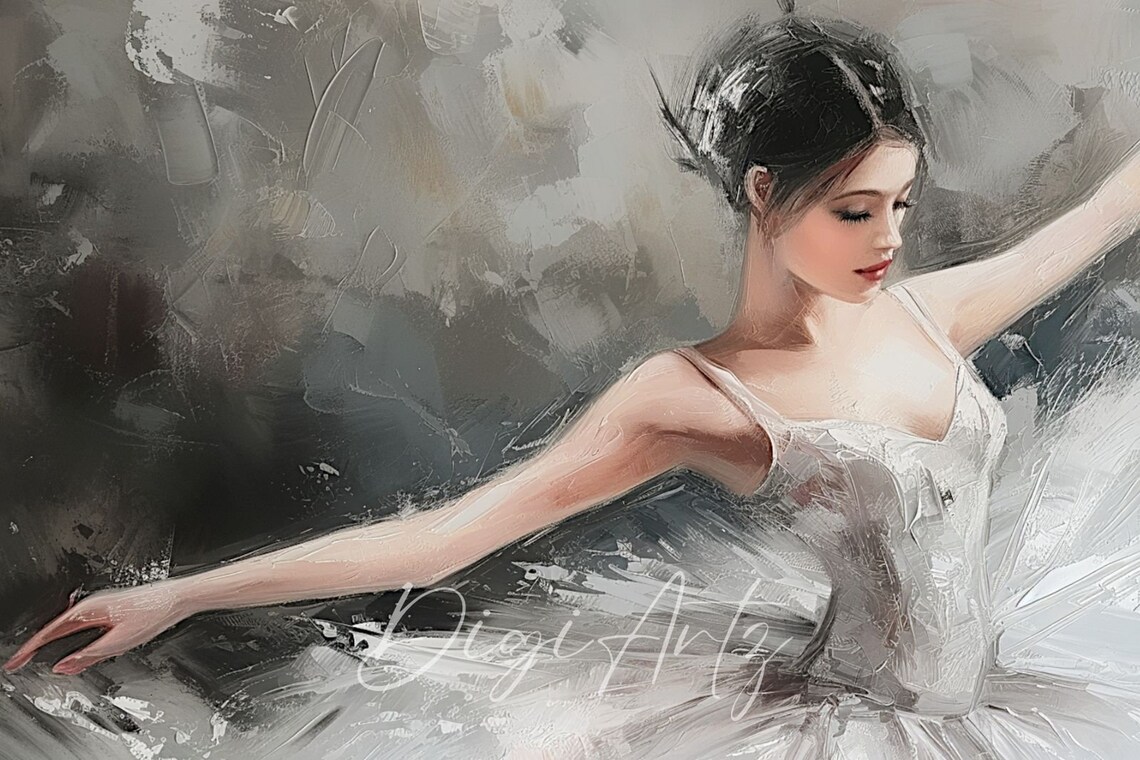 Elegant White Tutu Ballerina Gray Abstract Oil Painting Poster - Image 6