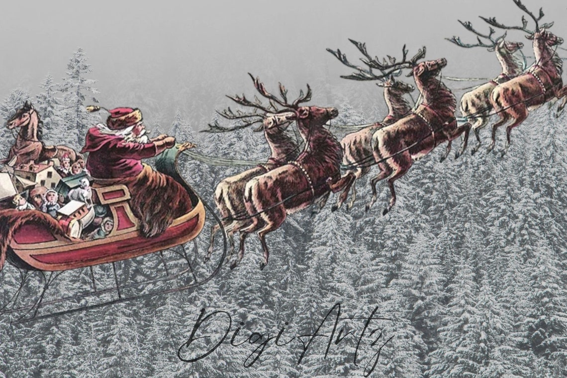 Santa Claus Flying In His Sleigh Over Snowy Forests At Night Poster - Image 6