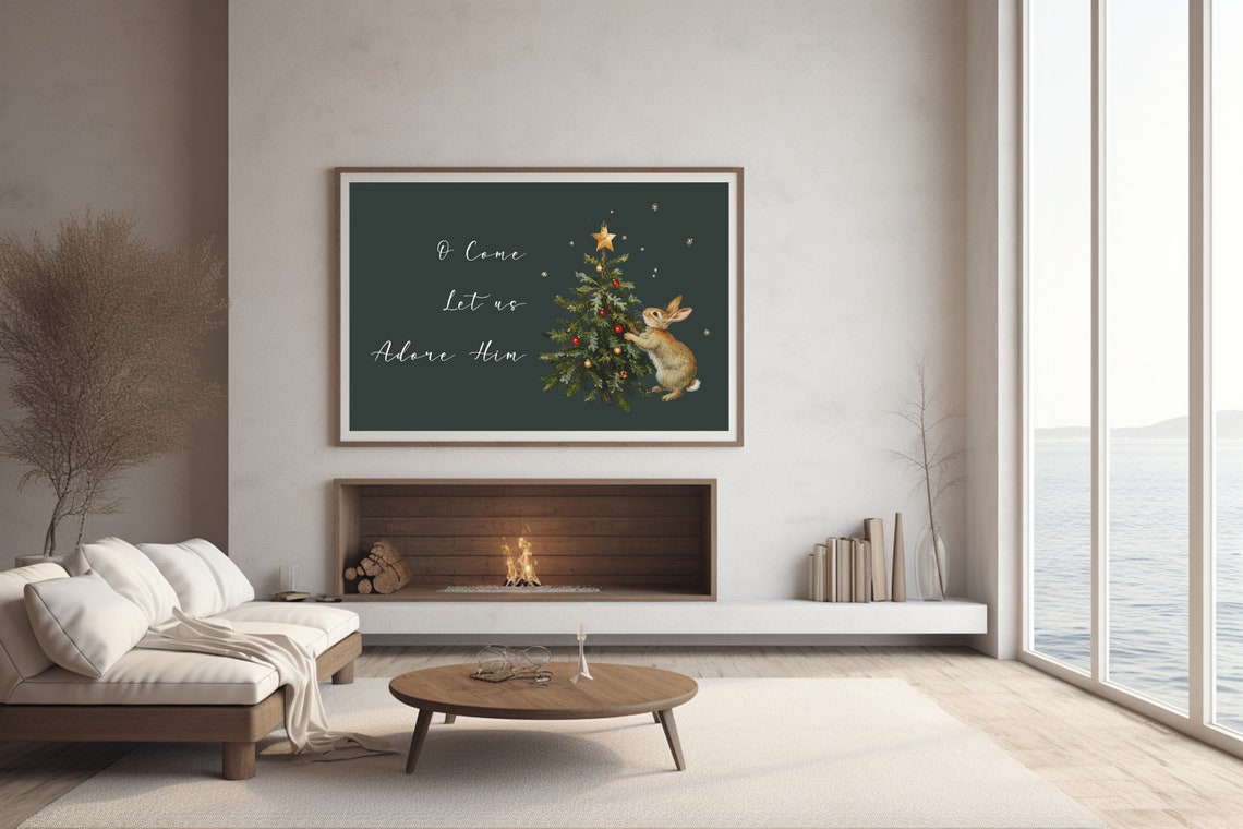 O Come Let Us Adore Him Bunny Christmas Tree Christian Poster - Image 3