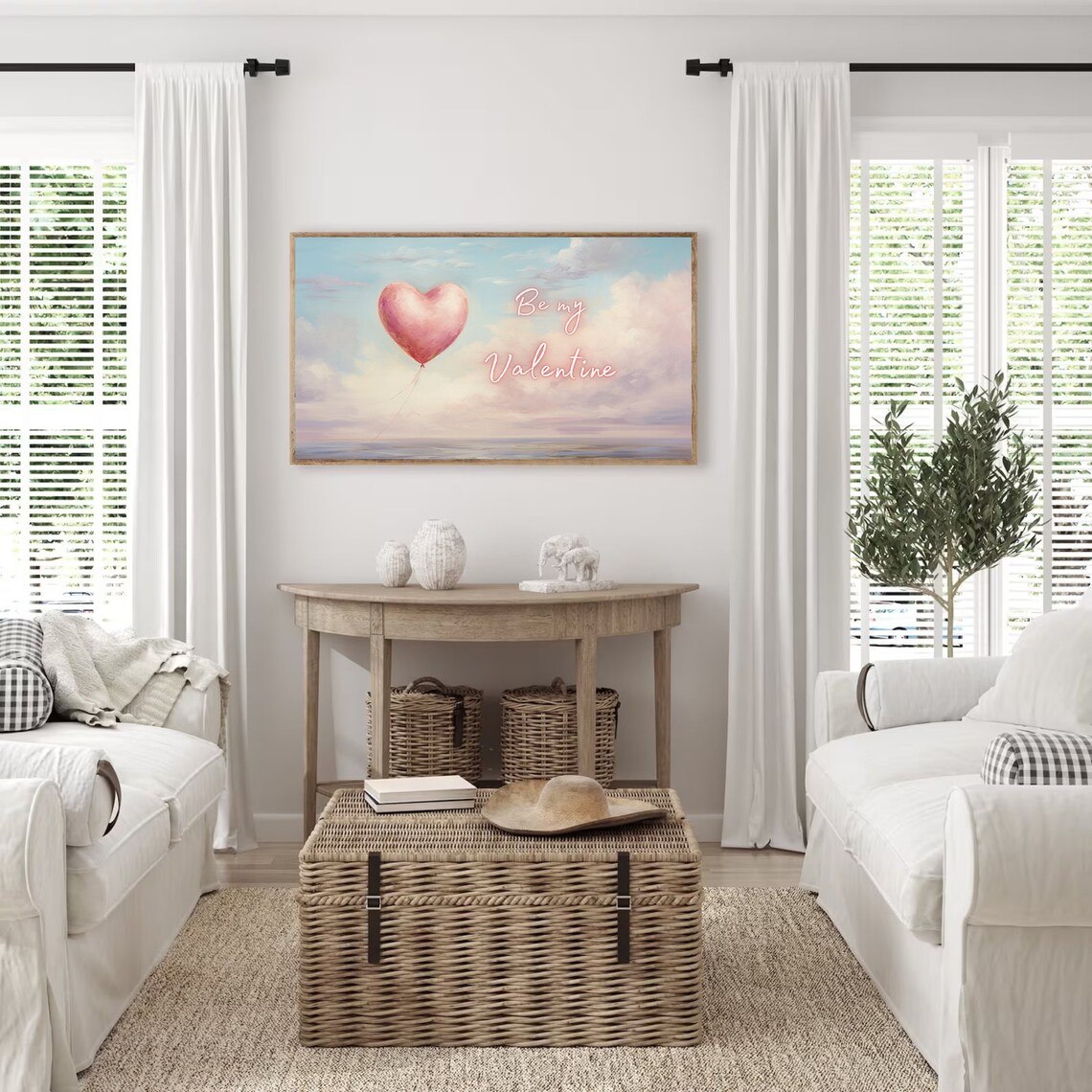 Be My Valentine Pink Heart Balloon Pastel Clouds Painting Poster - Image 4