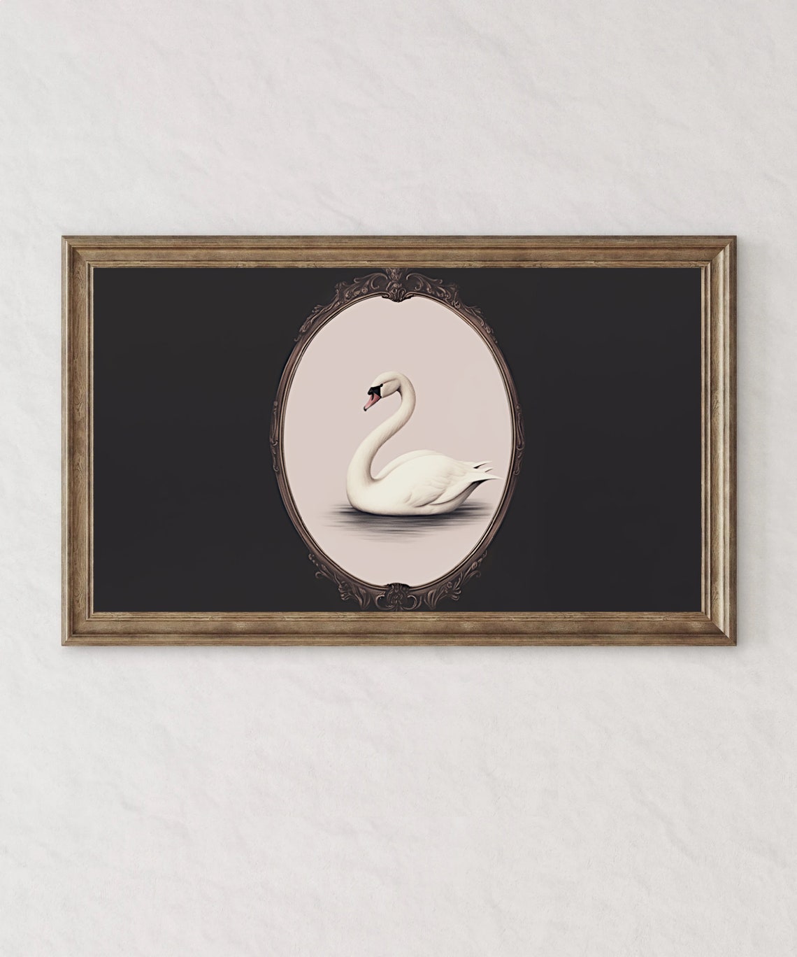 White Swan In Oval Frame On Black Background Minimalist Poster