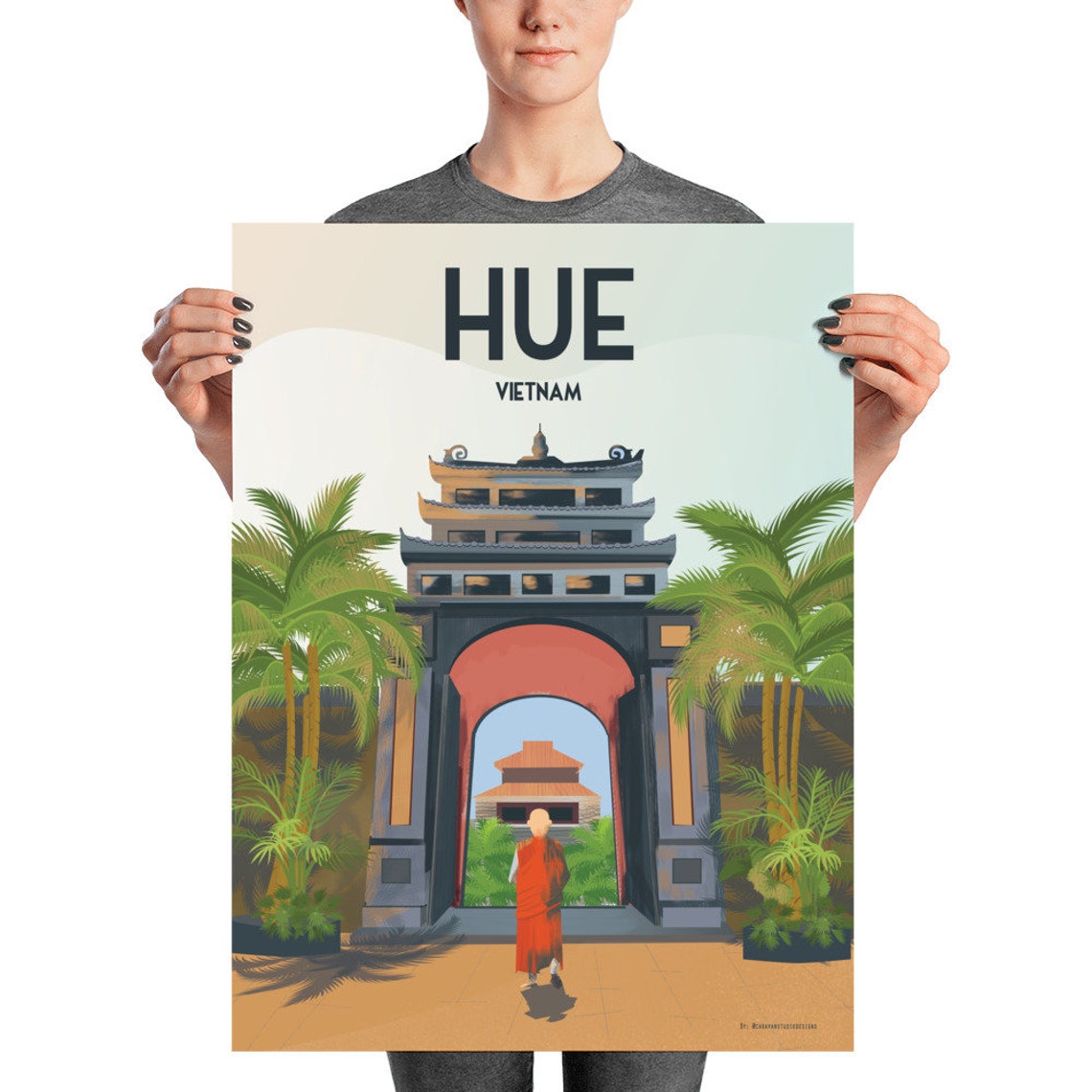Hue Vietnam Imperial City Gate Monk Palm Trees Travel Poster - Image 2