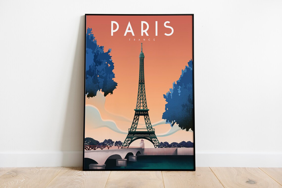 Paris France Eiffel Tower Sunset Over Bridge Vintage Travel Poster