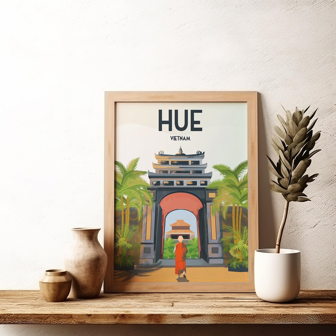 Hue Vietnam Imperial Gate Monk Tropical Illustration Travel Poster - Image 2