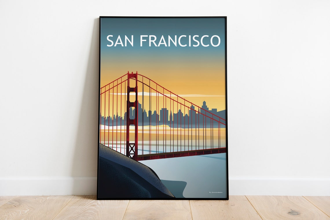 San Francisco Golden Gate Bridge Bay Sunset Retro Travel Poster