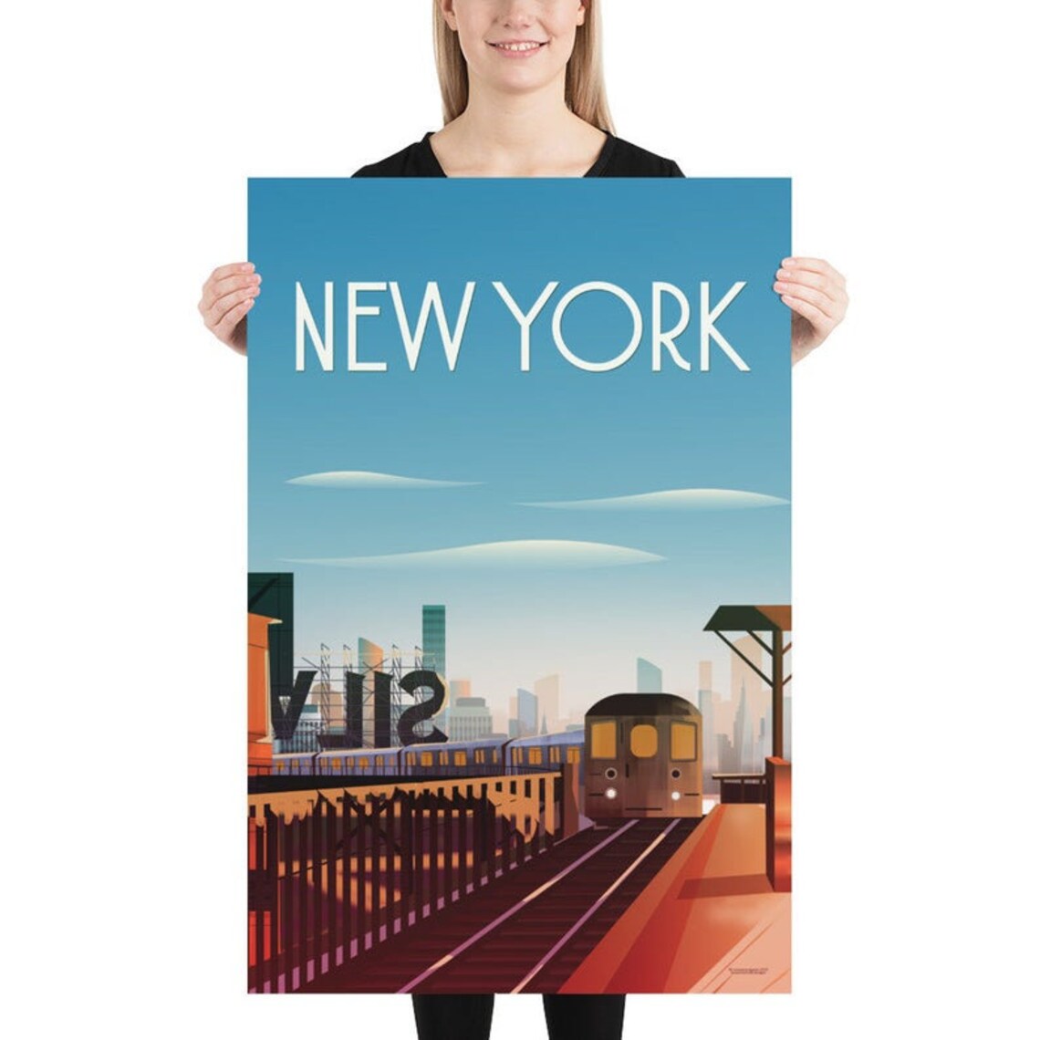 New York City Elevated Subway Travel Poster Sunset Train Art - Image 2