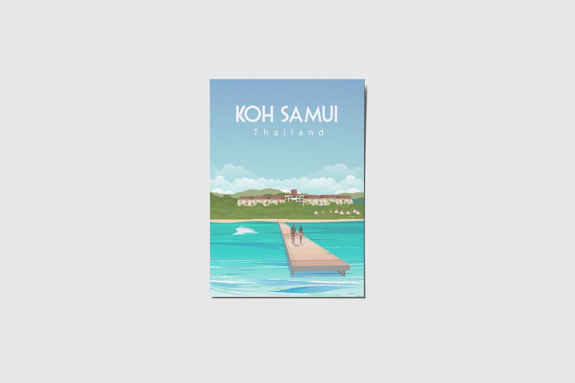 Koh Samui Thailand Travel Poster Pier Couple Speedboat Resort Scene - Image 2