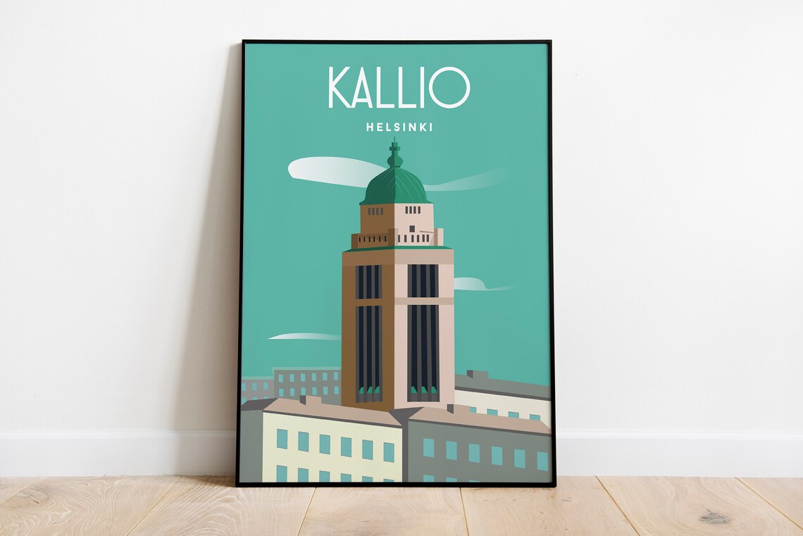 Kallio Helsinki Church Tower Teal Illustration Travel Poster