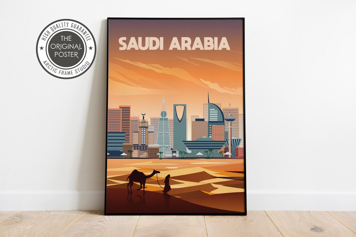 Saudi Arabia Travel Poster Riyadh Skyline Camel Desert Sunset Scene
