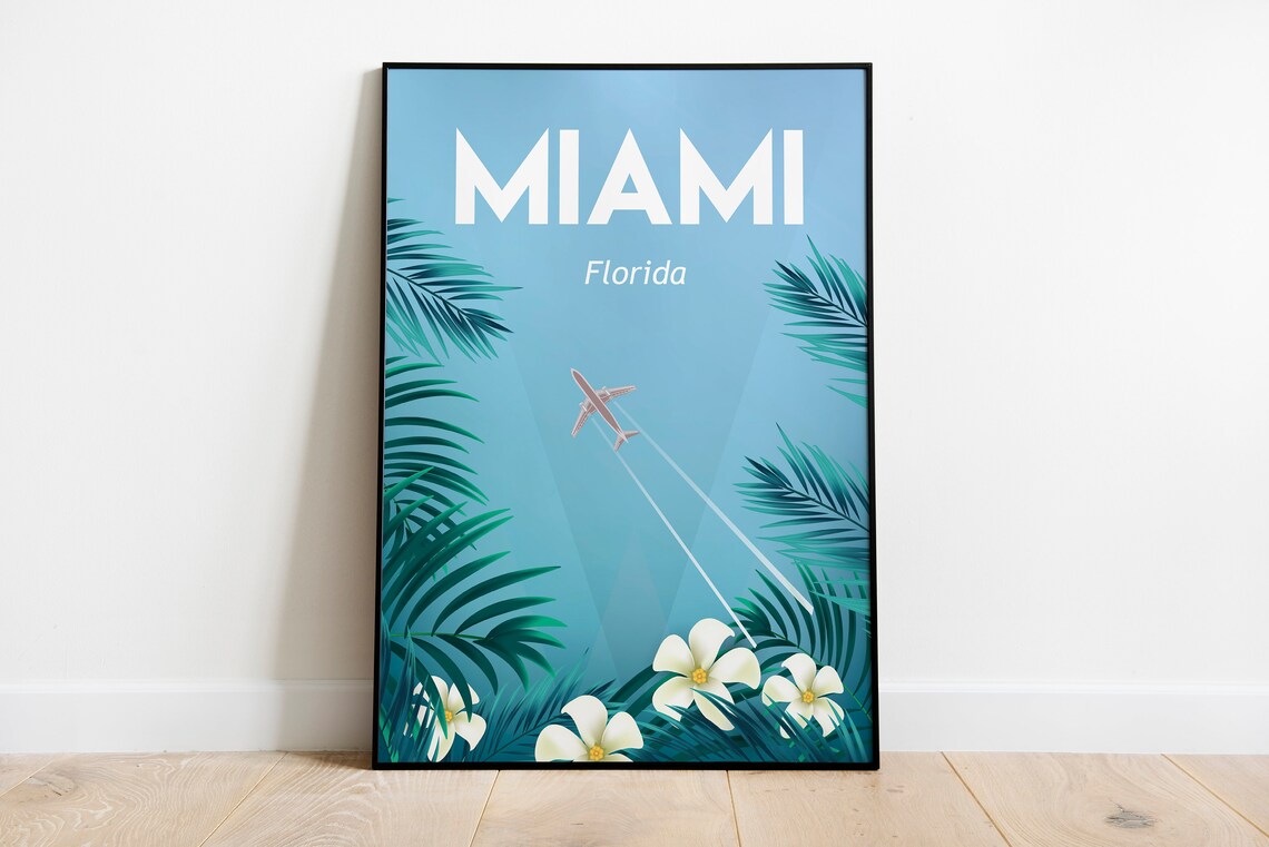 Miami Florida Tropical Beach Airplane Palm Tree Travel Poster