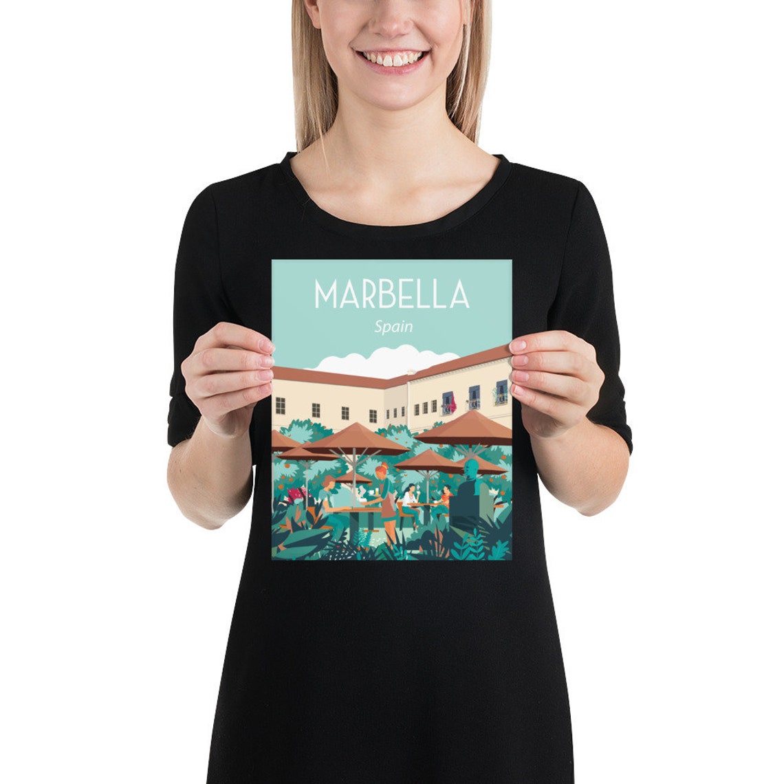Marbella Spain Sunny Cafe Terrace Umbrellas Retro Travel Poster - Image 2