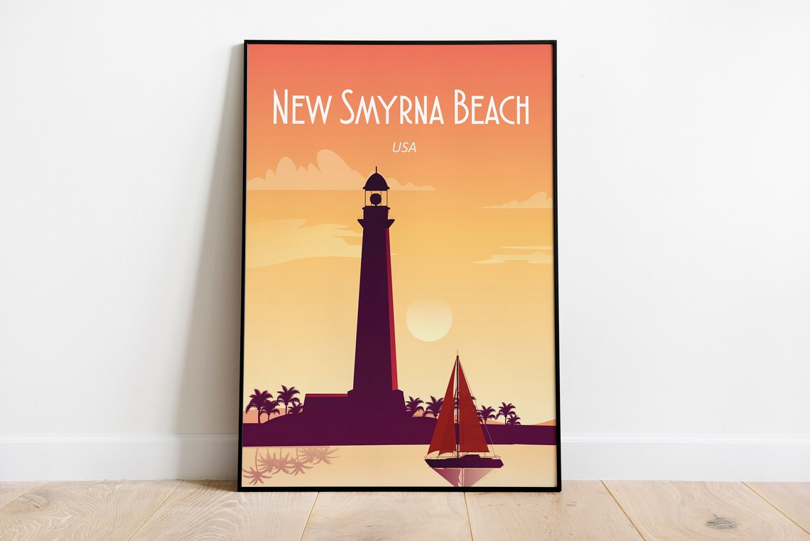 New Smyrna Beach USA Lighthouse Sunset Sailboat Travel Poster