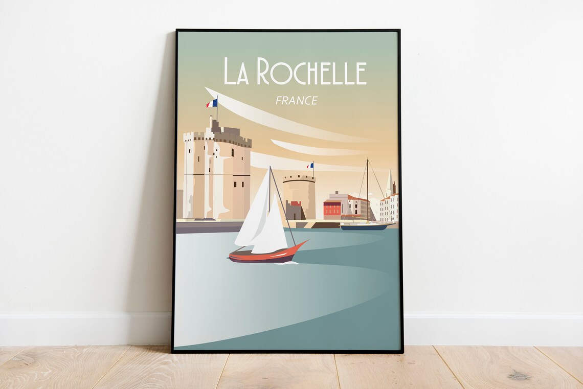 La Rochelle France Harbor Medieval Towers Retro Travel Poster