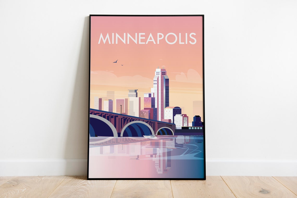 Minneapolis Minnesota Travel Poster Skyline Bridge Sunset Scene