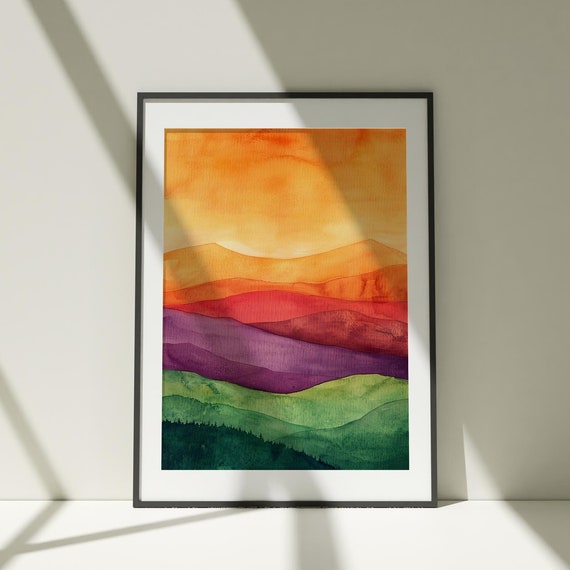 Abstract Modern Sunset Painting Wall Art Print Poster Watercolor Colorful Illustration Nature Minimalist Decor Farm House Artwork