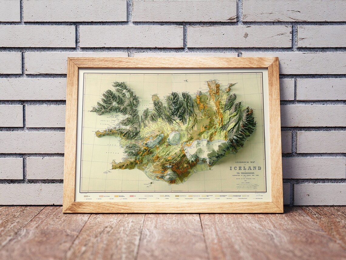Geological Map Of Iceland Thoroddsen 1881 1898 Vintage Relief Poster - Image 2