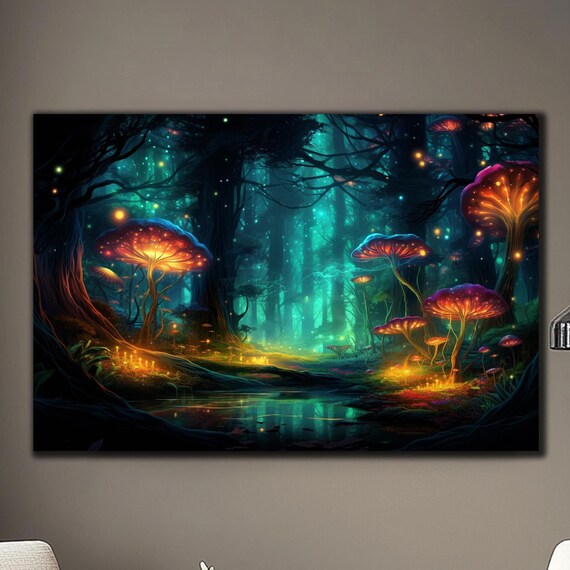 Tempered Glass Wall Art Fireflies Illuminate Forest Fantasy Neon Wall Decor Optical Illusion Artwork Psychedelic Glowing Forest Glass Art