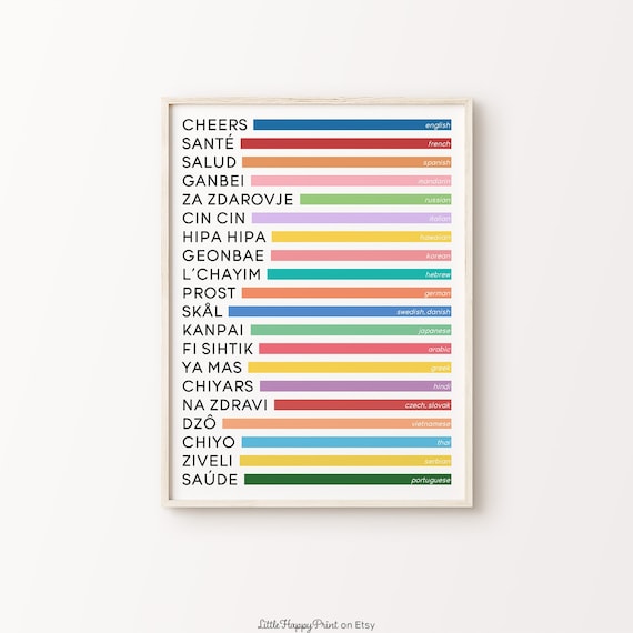 Cheers in Twenty Languages Rainbow Bar Chart Word Art Poster