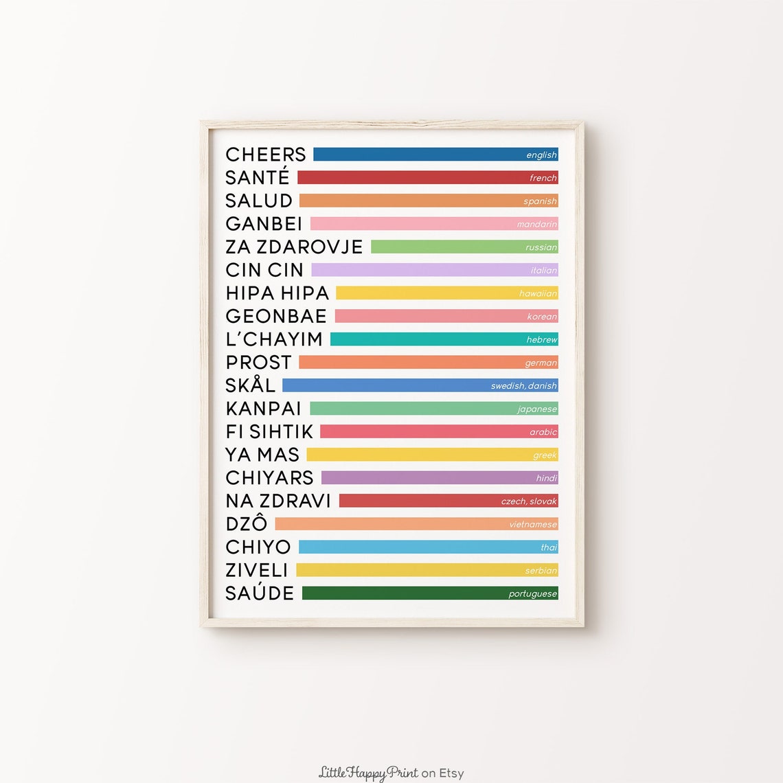 Cheers in Twenty Languages Rainbow Bar Chart Word Art Poster