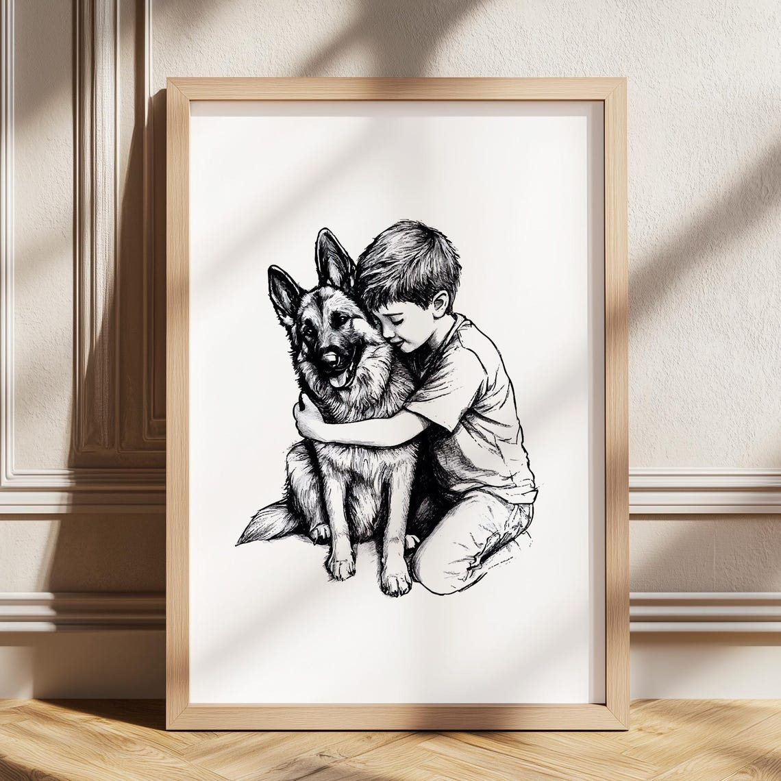 Little Boy Hugging German Shepherd Dog Sketch Vintage Nursery Poster