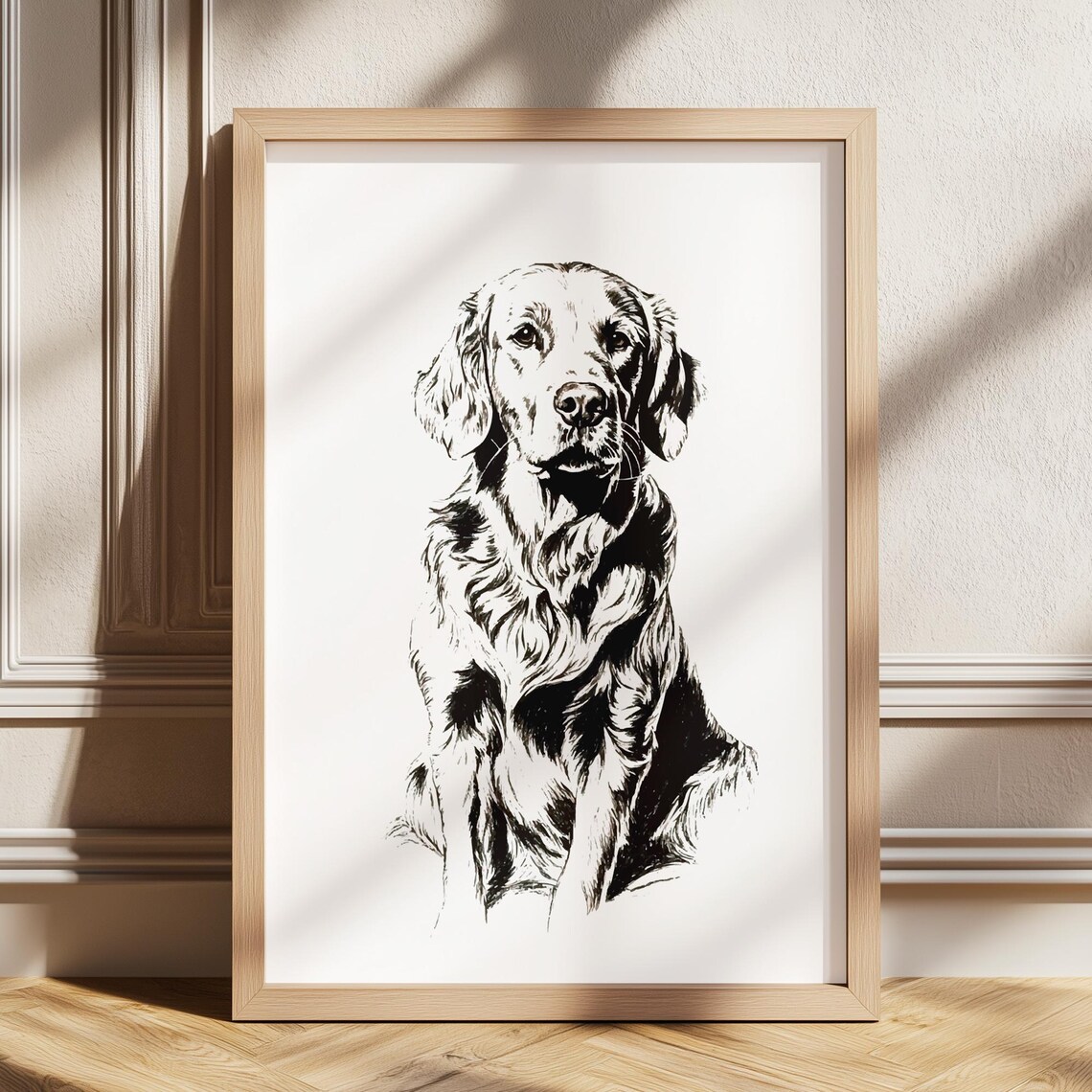 Golden Retriever Seated Ink Sketch Classic Dog Portrait Art Poster