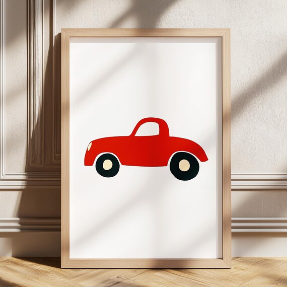 Red Retro Car Cute Minimalist Kids Nursery Transportation Decor Poster