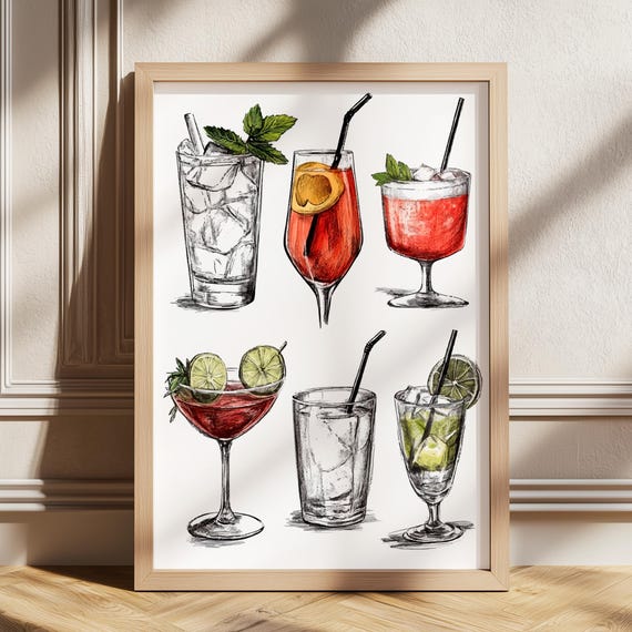 Cocktails Poster Cute Drinks Art Trendy Wall Print Retro Bar Cart Wine Prints For Kitchen Decor
