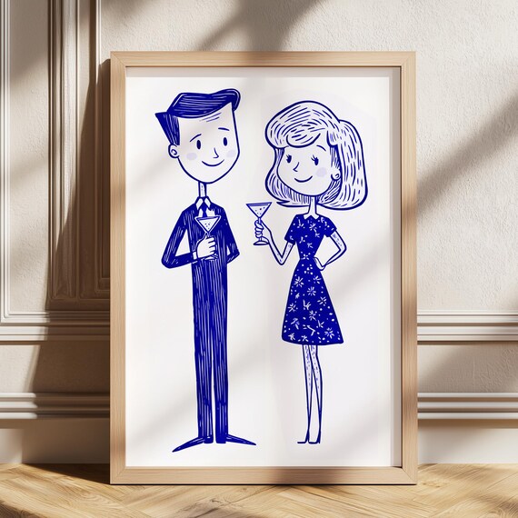 Retro Cocktail Party Couple Martinis Midcentury Blue Line Poster