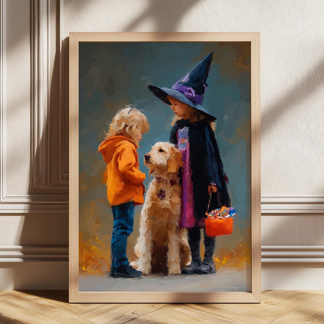 Trick Or Treat Poster Halloween Nursery Art Cute Scene Witch Costume Print Dog Cozy Decor