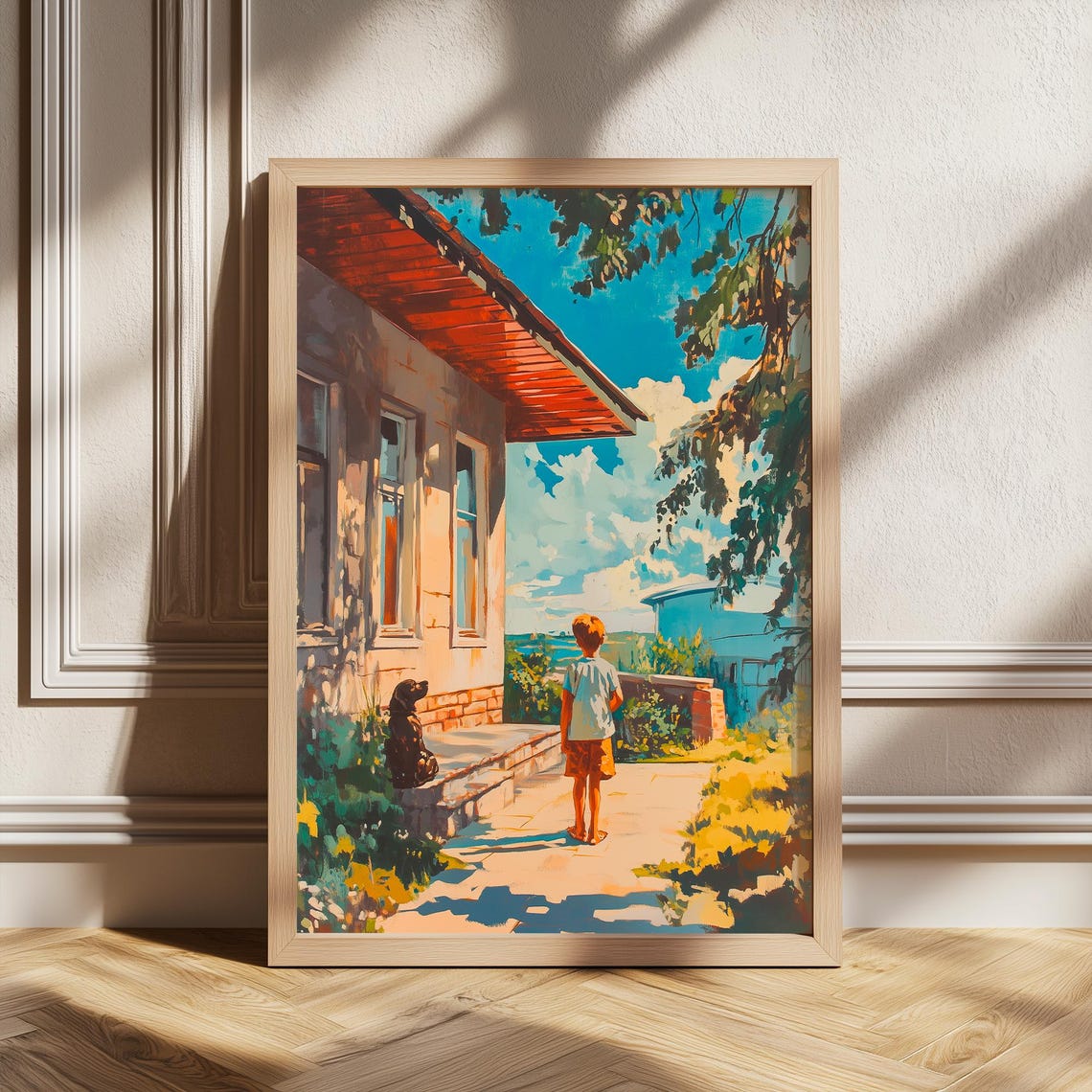 Boy and Dog on a Sunny Summer Path Retro Garden Illustration Poster