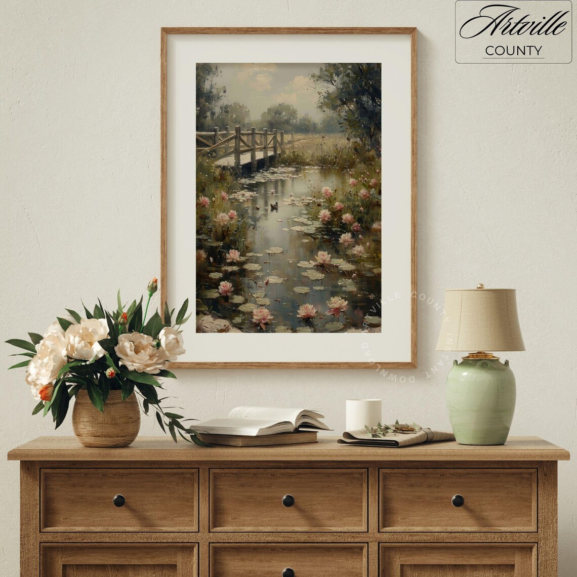 Water Lilies Art Print, Vintage Countryside Decor