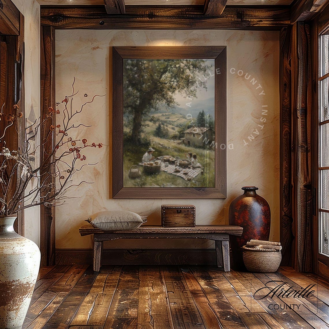 Countryside Picnic Oil Painting Cottagecore Art Print Farmhouse Wall Art Nature Vintage Print Family Picnic Wall Art - Image 3