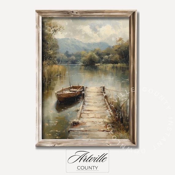 Fishing Boat Oil-Painting Vintage Farmhouse Landscape