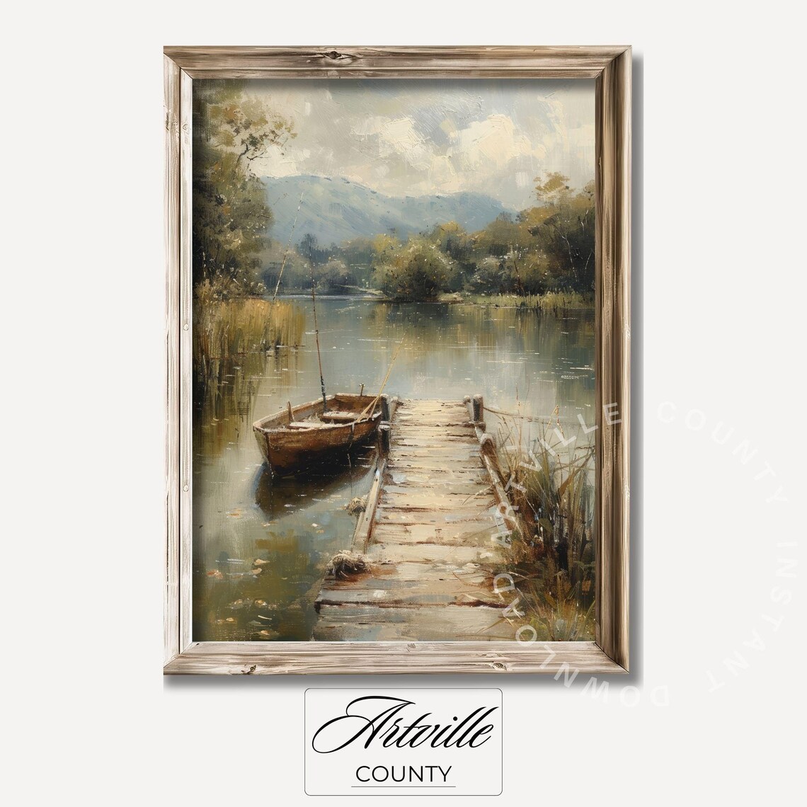 Fishing Boat Oil-Painting Vintage Farmhouse Landscape