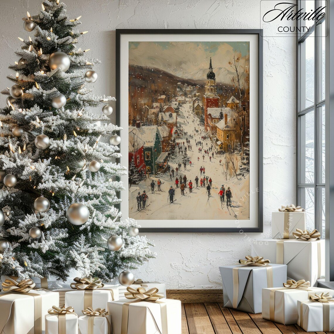 Vintage Ski Village Winter Landscape Art Print - Image 4